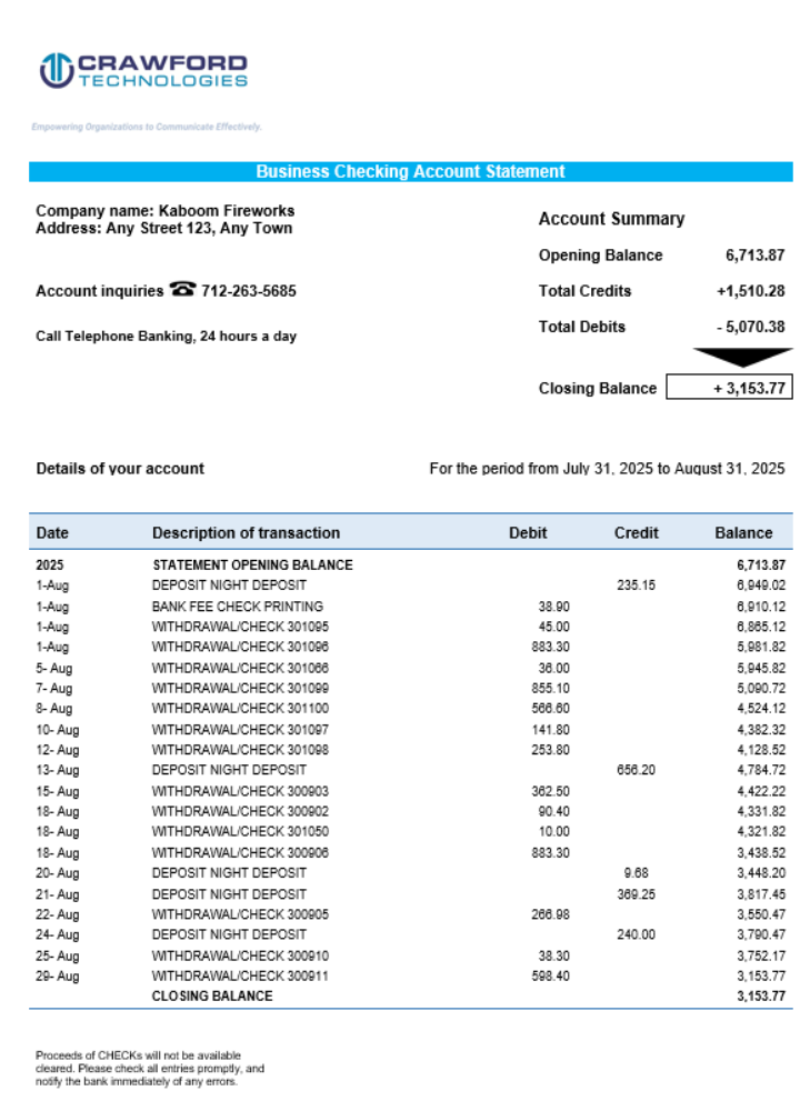Relevé de compte de l'entreprise commerciale Crawford Technologies Format Word et PDF